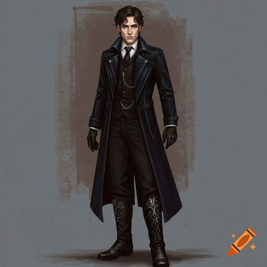 A man in a black trench coat and suit standing.
