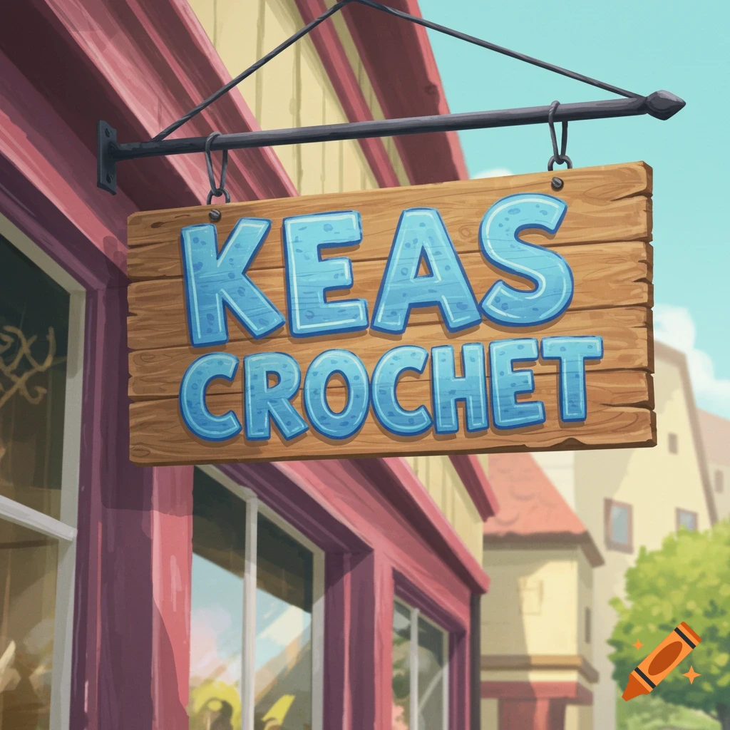A wooden shop sign reading 'KEAS CROCHET' hanging outside a building
