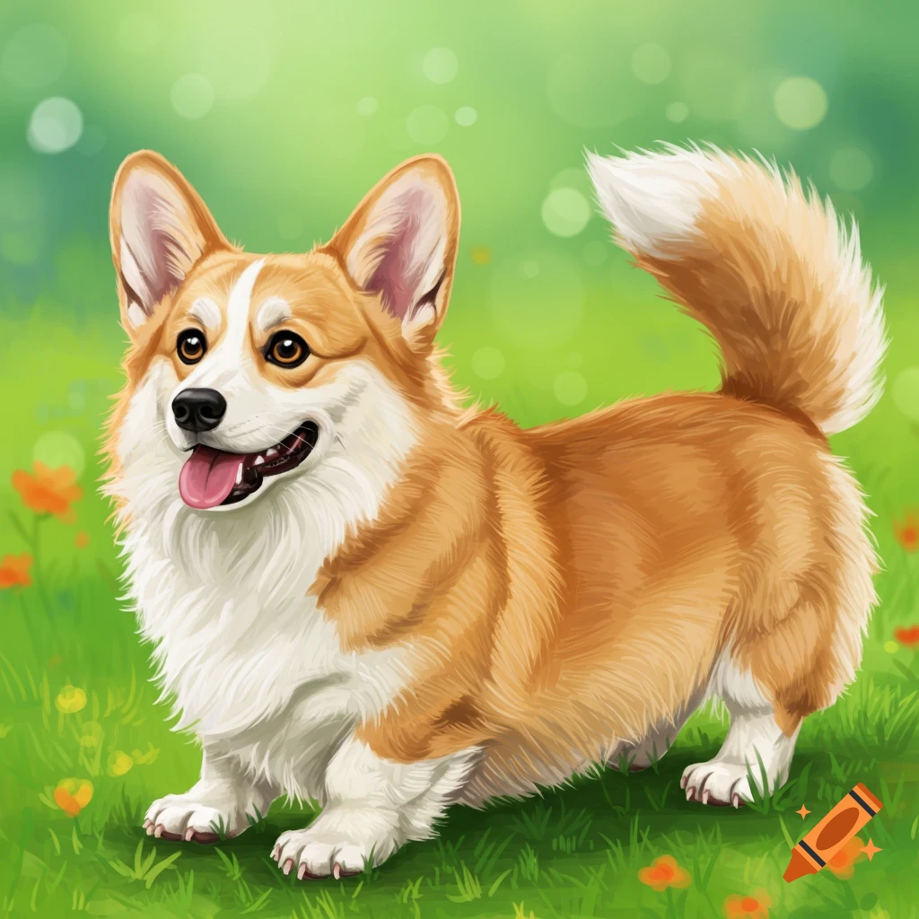 A corgi dog standing in a grassy field with flowers.