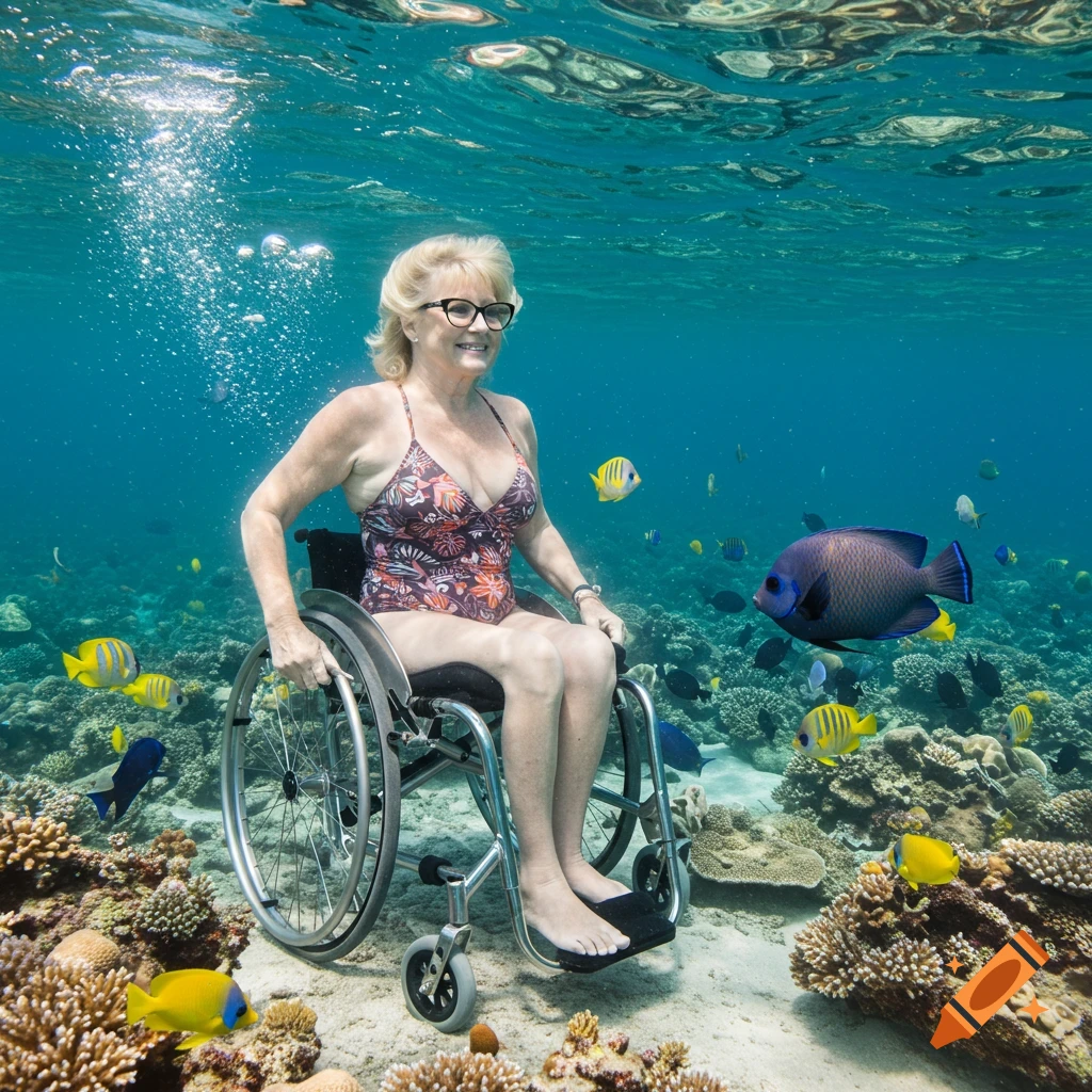A woman in a wheelchair underwater surrounded by fish and coral reef.