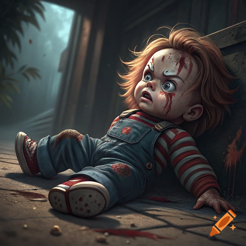 Chucky doll, bloodied and beaten up, lying on the ground.
