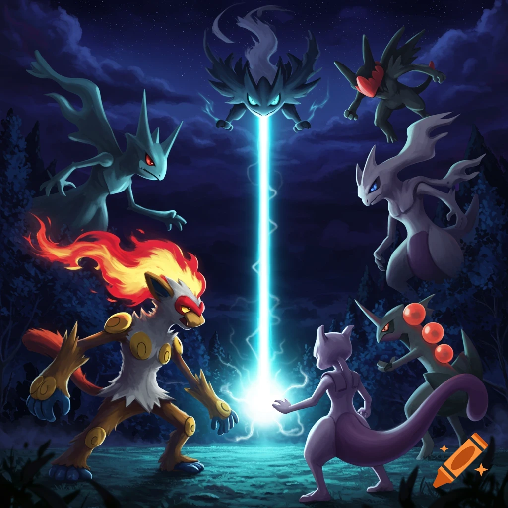 Pokemon battle in a dark forest, including Infernape, Mewtwo, Darkrai, Kyogre, and others, firing energy beams.