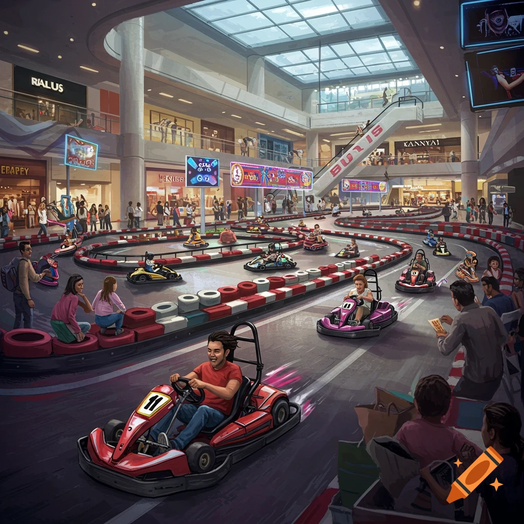 A go-kart track is inside a mall with people racing.