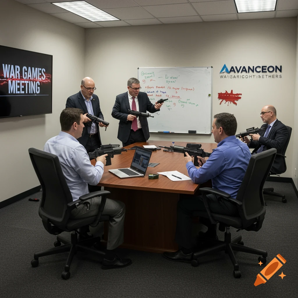 Men in a conference room holding firearms around a table with a laptop, whiteboard, and TV screen.