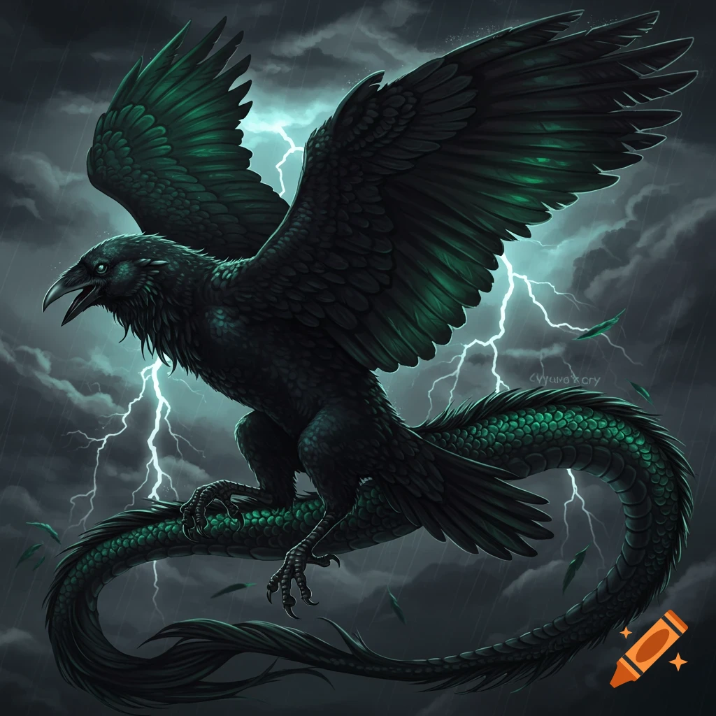 A dark, raven-like creature with dragon scales on its tail and legs sits under a stormy sky with lightning.