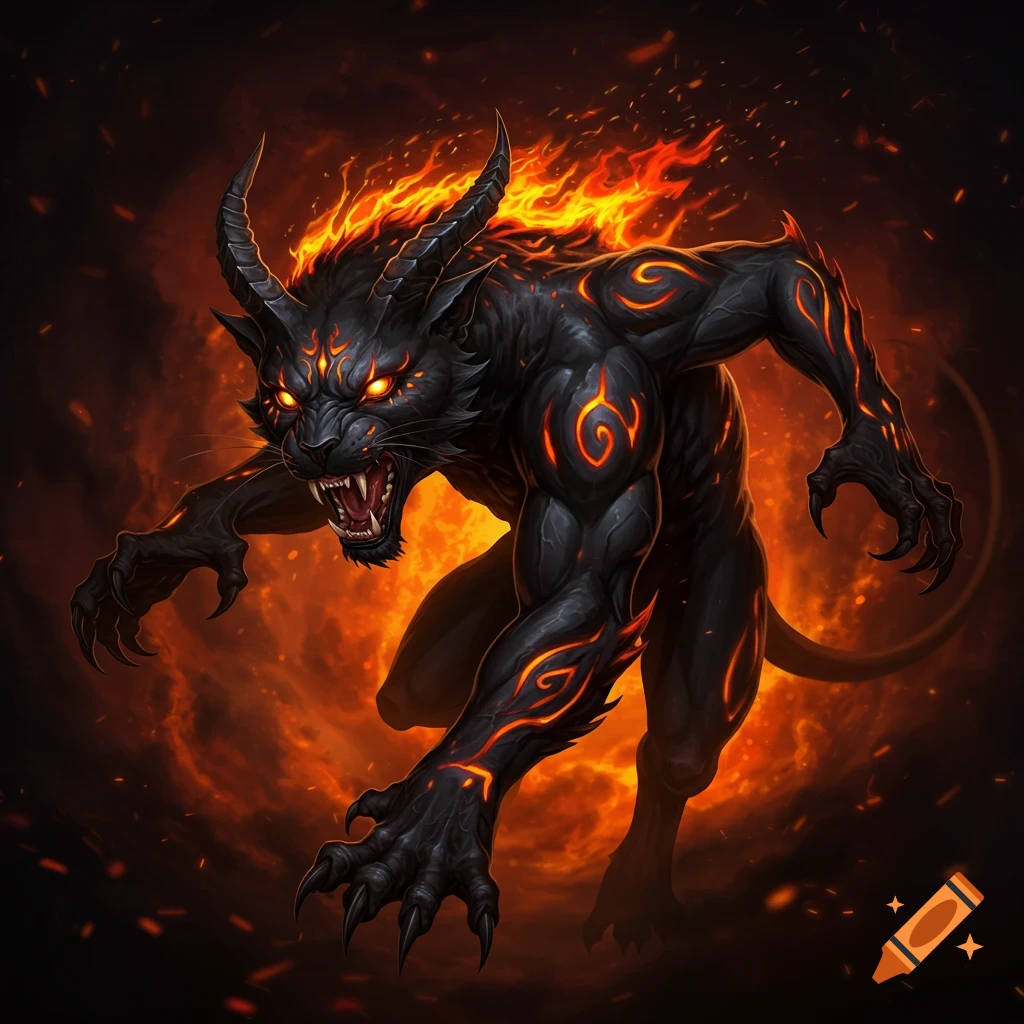 A black hellcat creature with orange glowing patterns and flames
