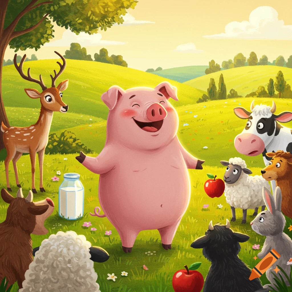 Smiling cartoon pig talks to a cow, sheep, deer, goat, and rabbit in a sunny field with milk and apples, digital illustration style.