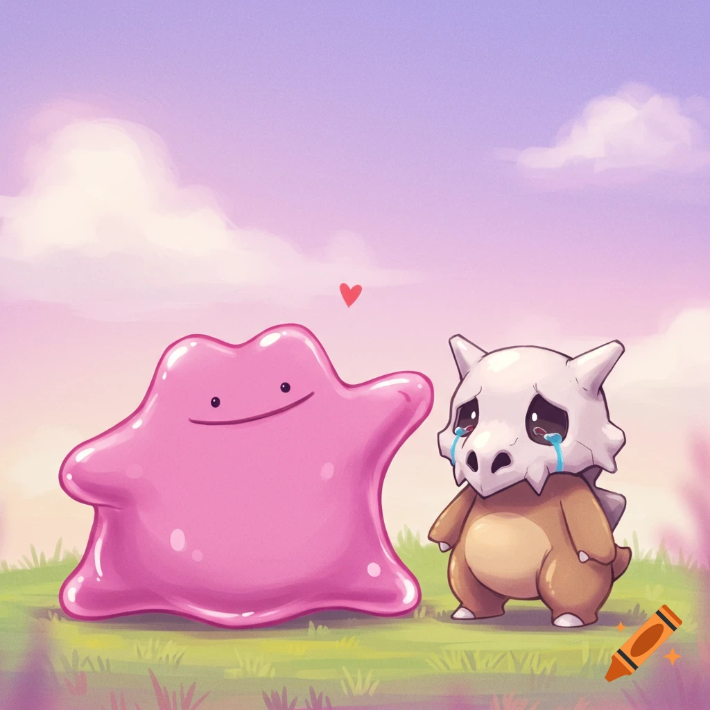A happy pink Ditto next to a crying Cubone in a field.