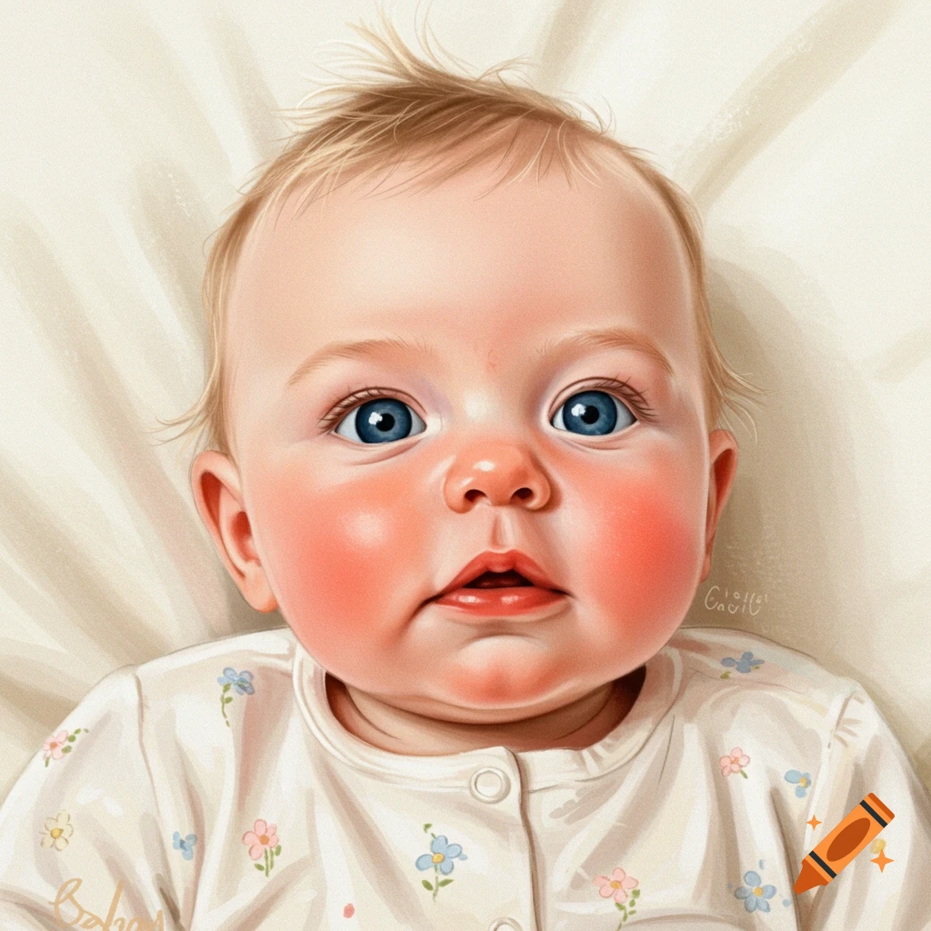 Portrait of a baby with blue eyes in a floral onesie.