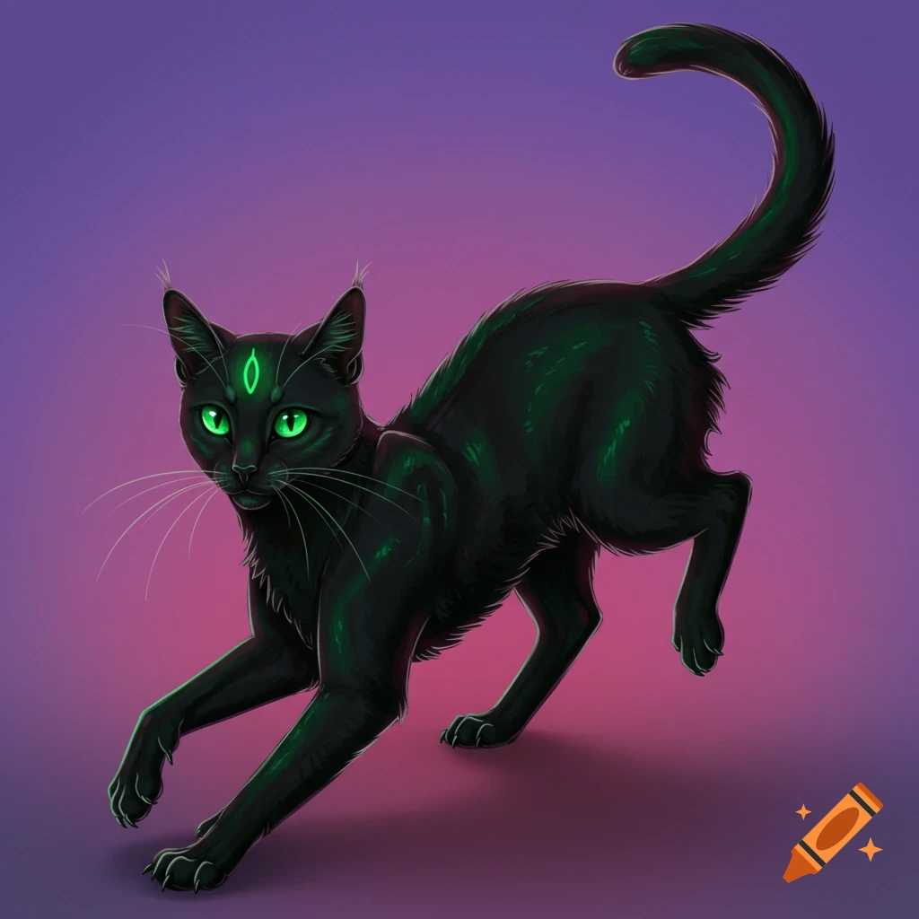 A black cat with green glowing eyes and markings, stretching.