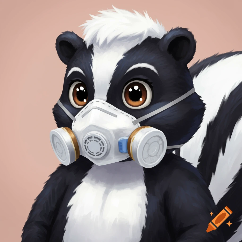 Cartoon skunk wearing a white respirator mask.