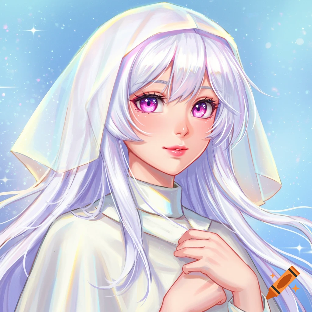 A portrait of a young maiden with white hair and pink eyes, wearing a veil and shawl.