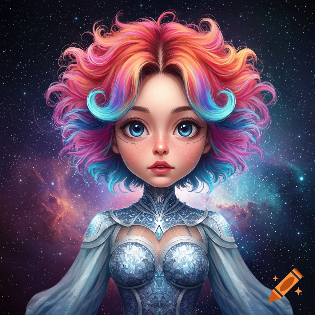 Stylized digital portrait of a girl with rainbow hair and blue eyes, wearing ornate armor against a galaxy background.