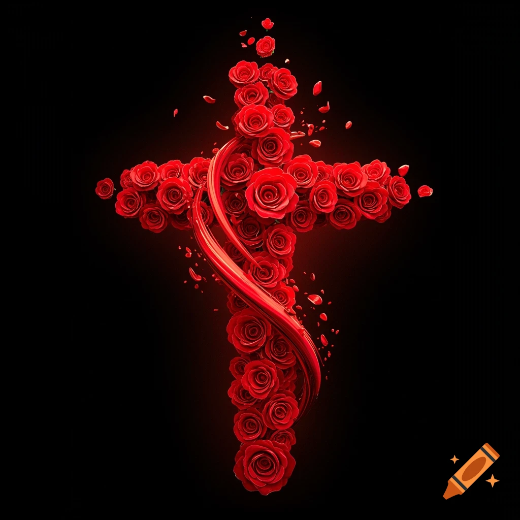 A cross shape formed entirely by vibrant red roses against a black background.