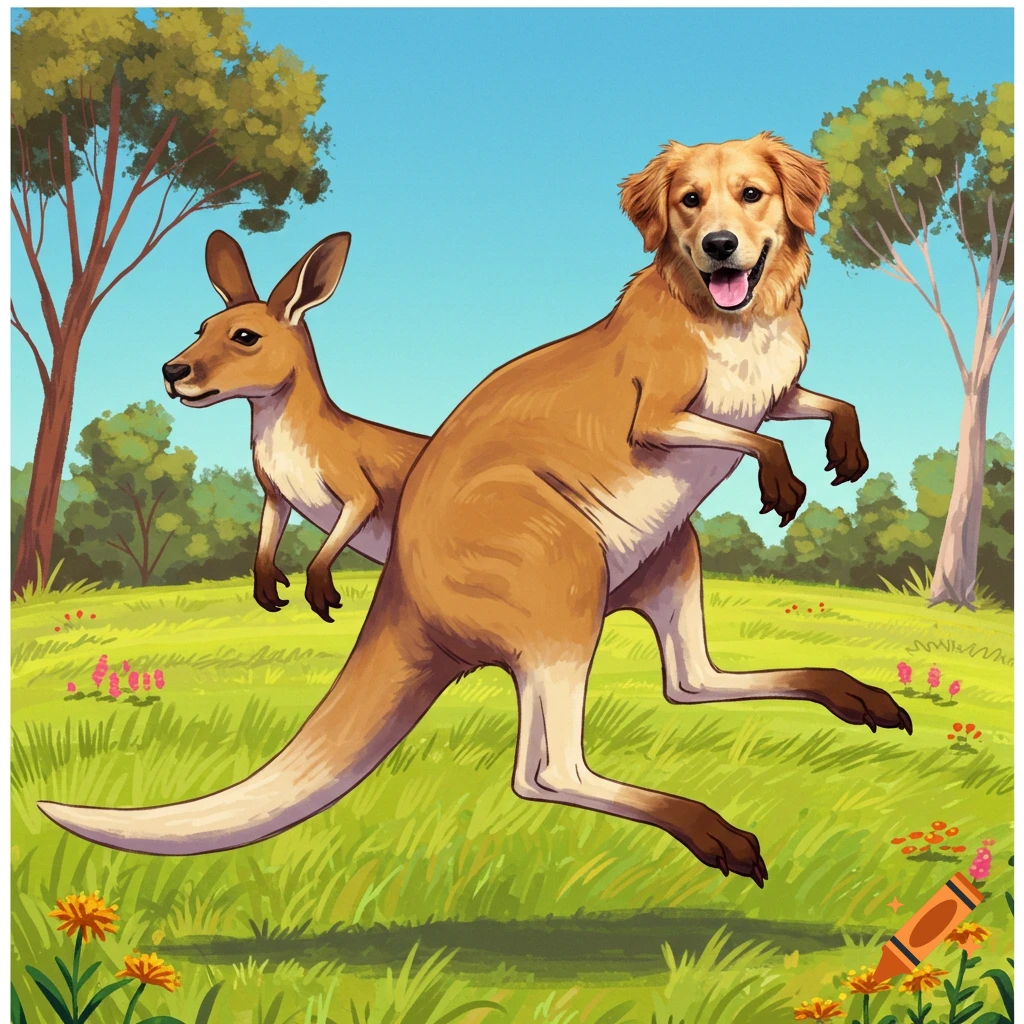 A dog-kangaroo hybrid creature running in a field.