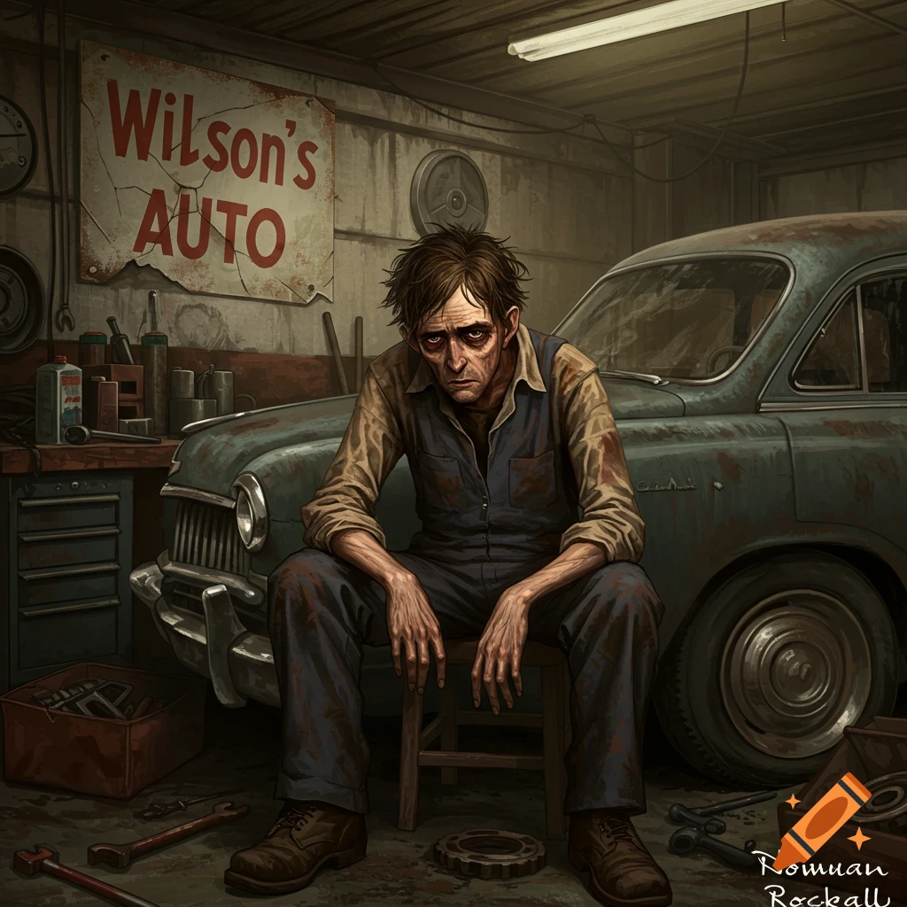A disheveled man sits in a grimy garage with a car.