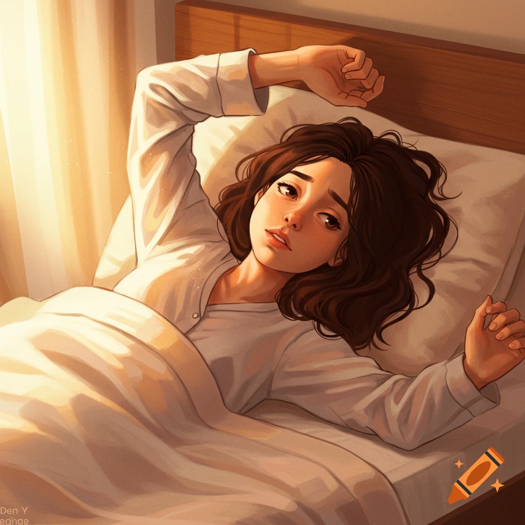 A woman waking up in bed, stretching in the morning light.
