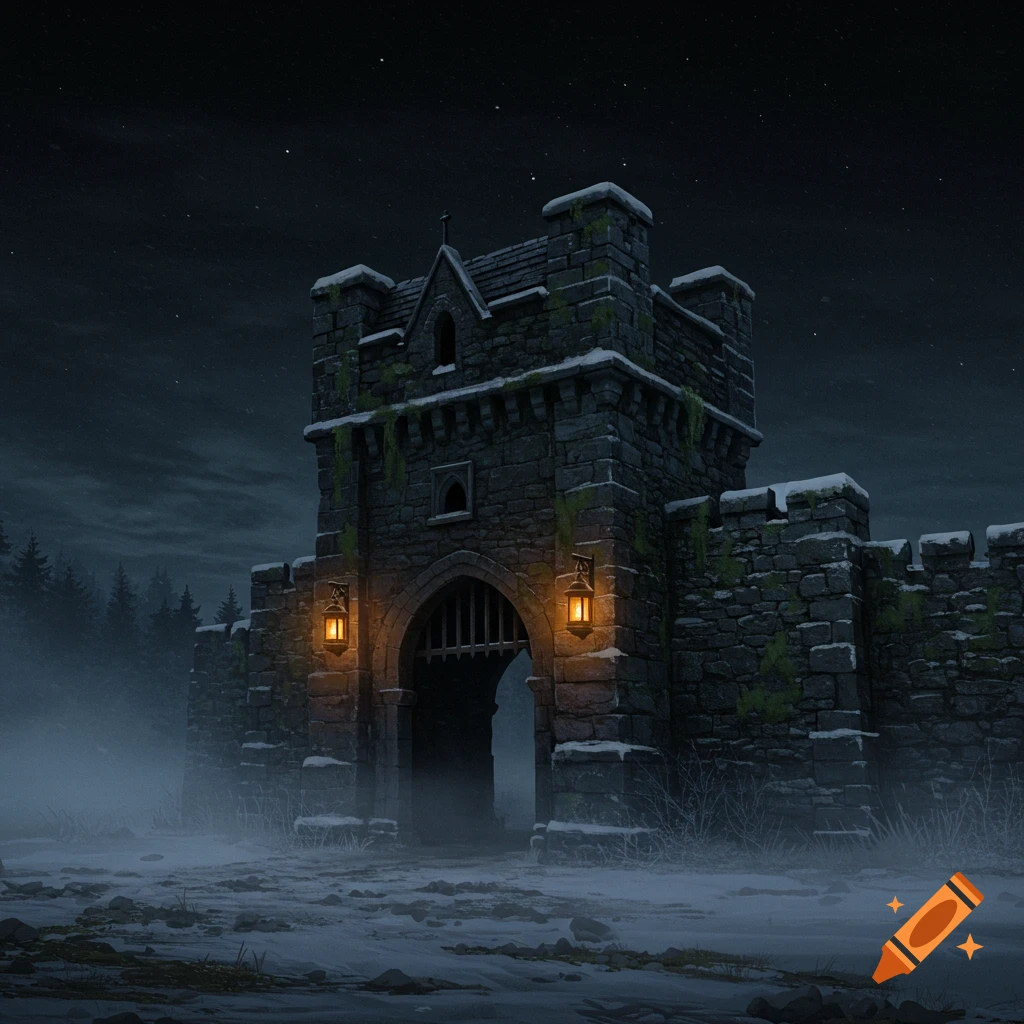 an old stone gatehouse and walls in the snow at night, lit by lanterns.