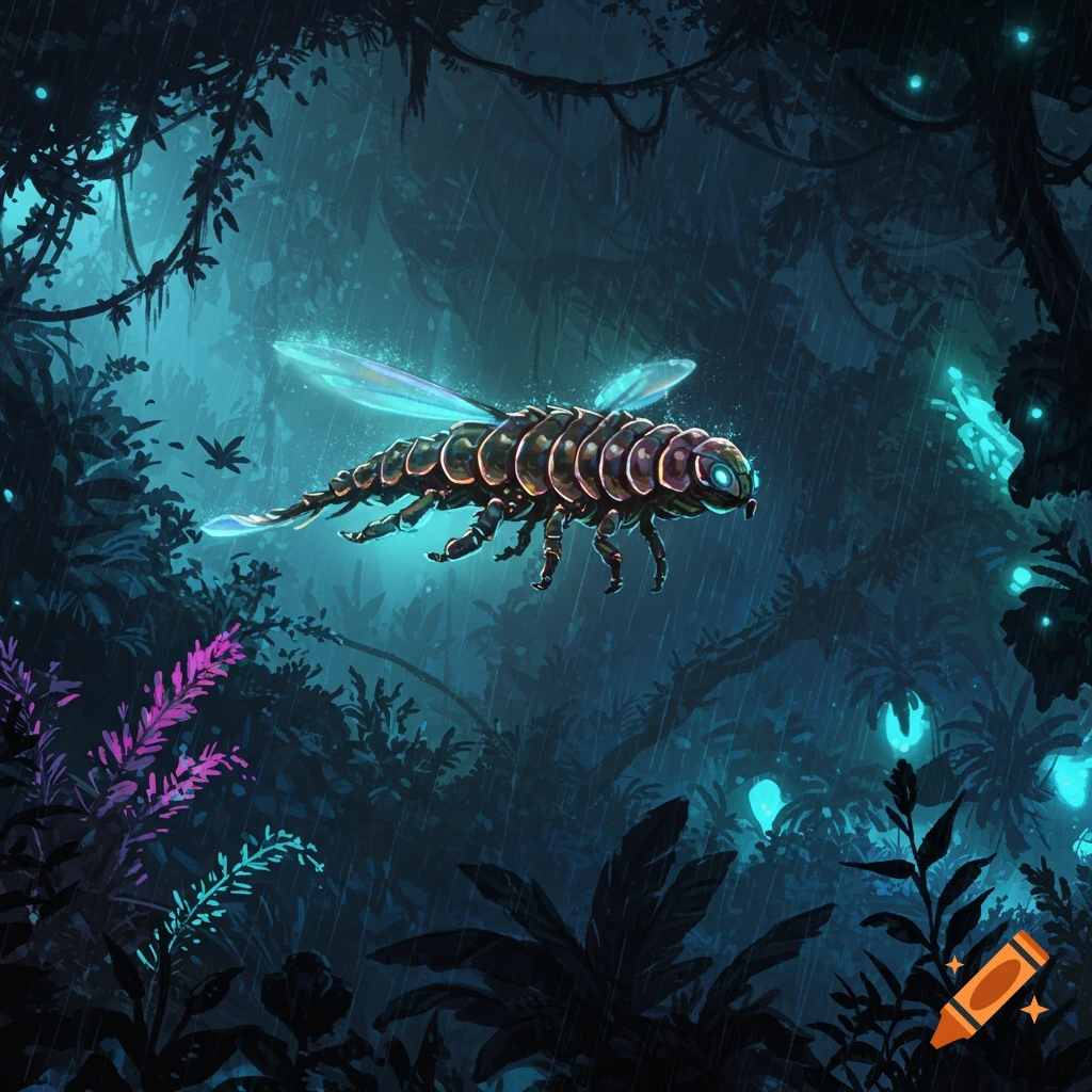 A segmented creature with glowing wings flies through a dark, rainy jungle.