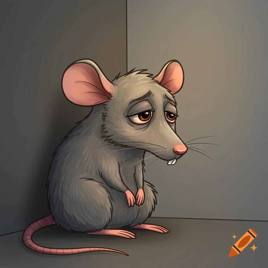 A sad cartoon grey rat with droopy eyes sits alone in a dimly lit corner.