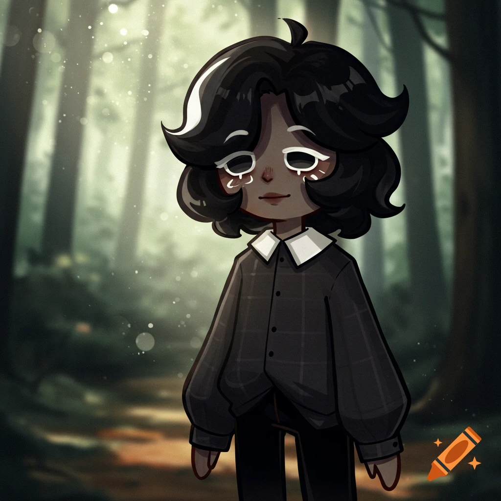 Stylized character with dark wavy hair and plaid shirt stands in a forest.