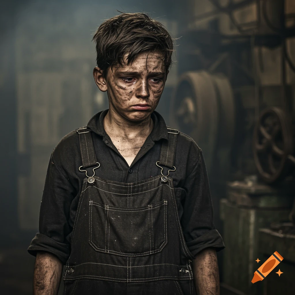 Portrait of a sad, dirty young boy in overalls in a dark factory, vintage photo style.
