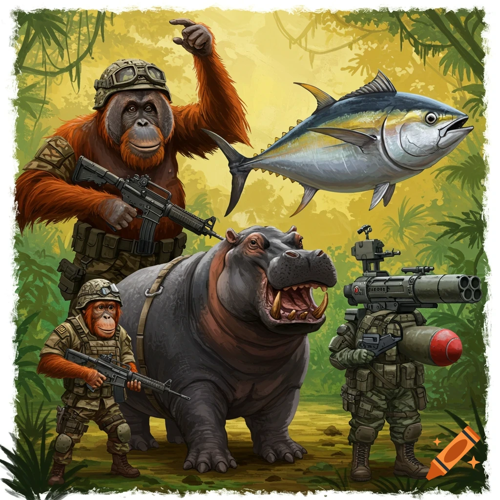 An orangutan, hippo, and tuna fish wearing military gear in a jungle.