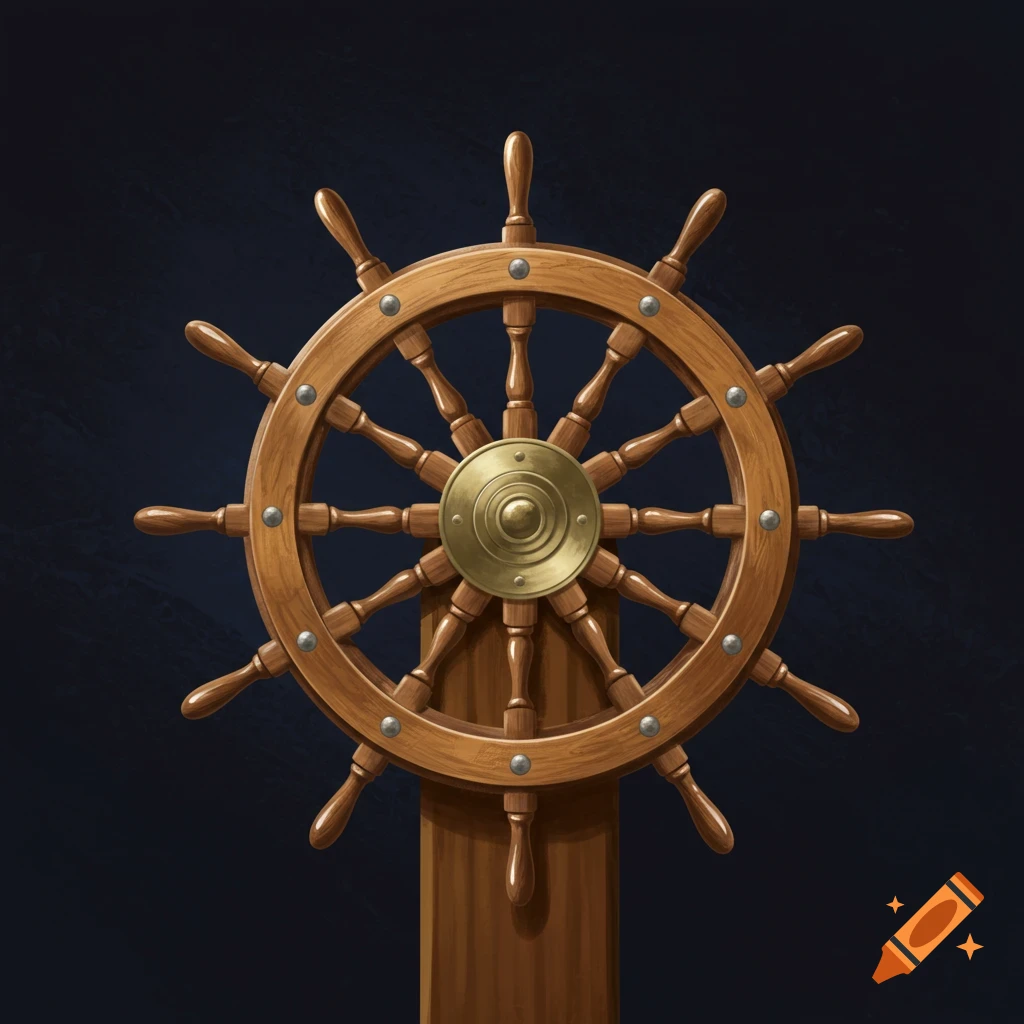 A wooden ship's wheel with a brass center.