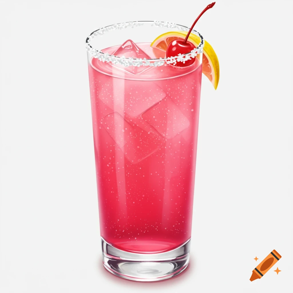 Pink cocktail with ice, cherry, lemon slice, and sugar rim.