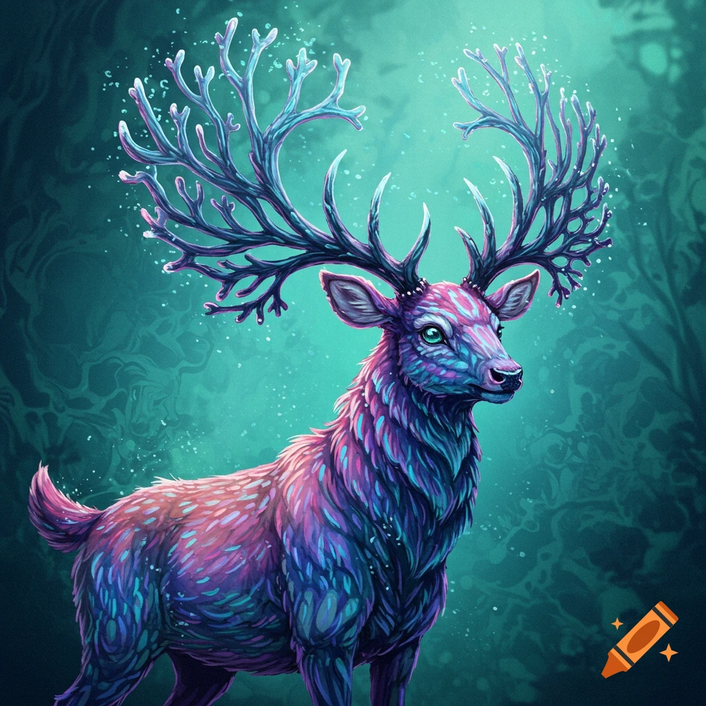 A fantasy deer with coral-like antlers in vibrant colors stands in a dark forest.