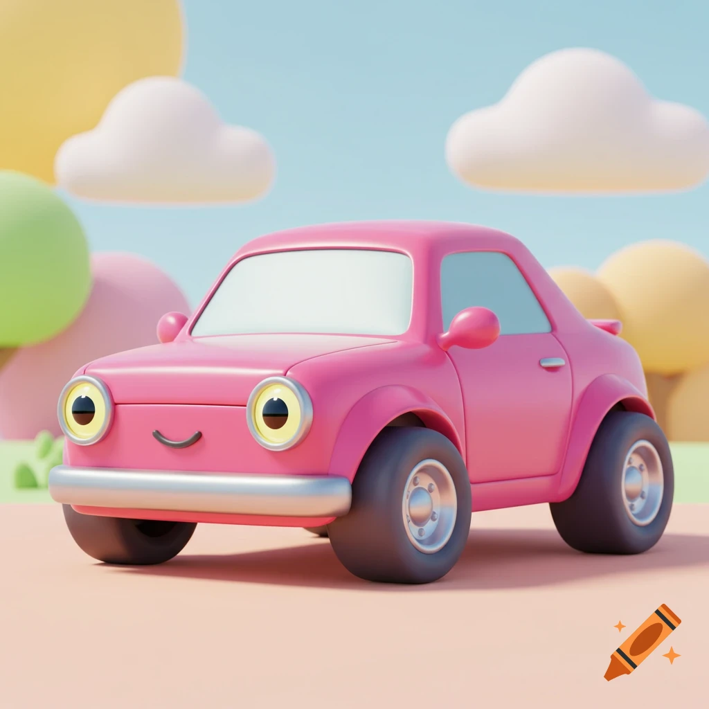 A cute pink cartoon car with large eyes and a smile is parked in a whimsical 3D landscape.