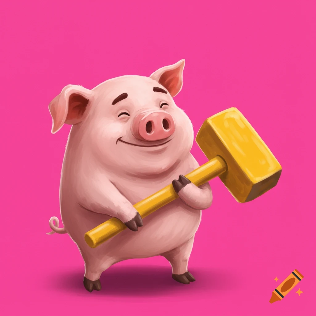 A smiling cartoon pig holding a yellow hammer.