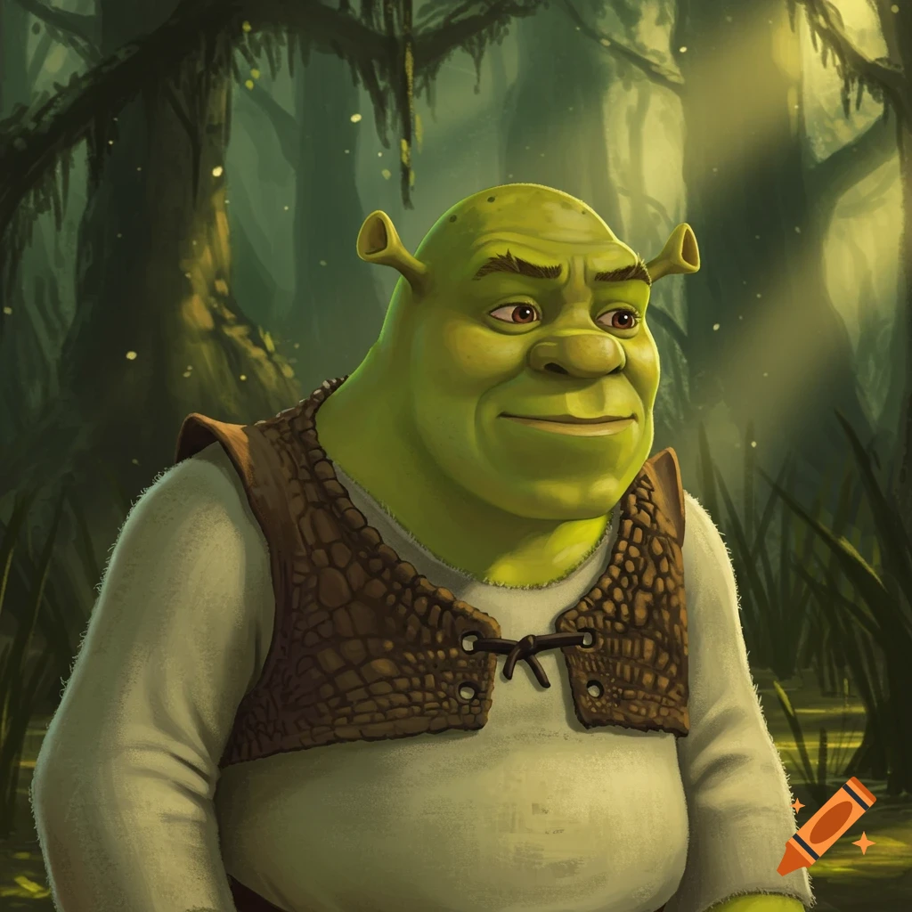 The character Shrek is in a swampy forest.