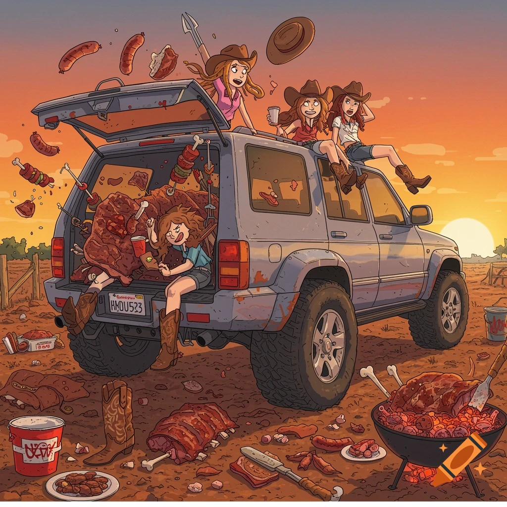 Cartoon of people having a chaotic barbecue around an SUV