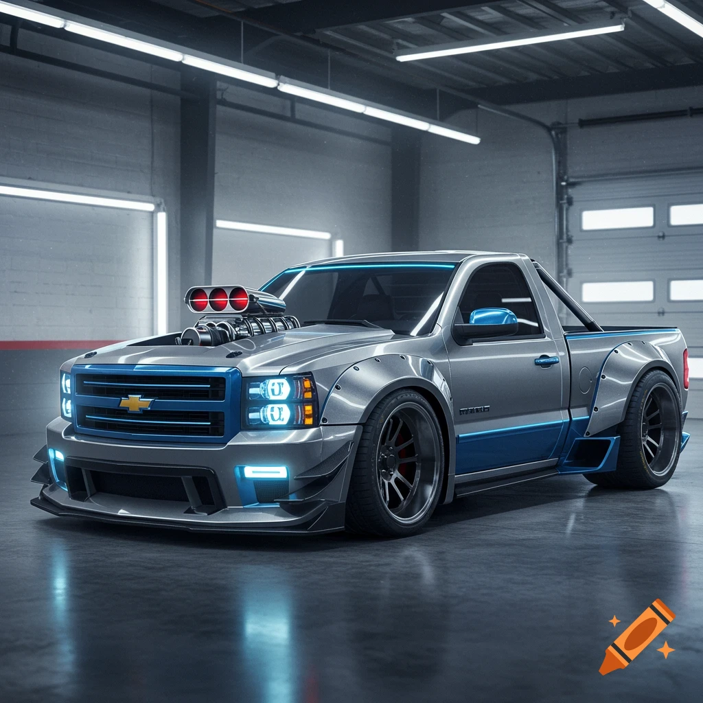 A heavily modified silver pickup truck with blue accents and a large engine on the hood, parked in a garage.