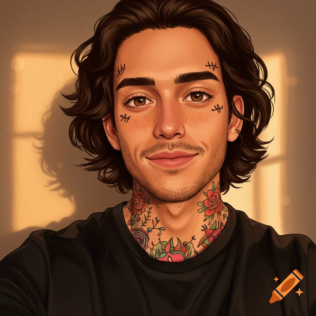 Portrait of a young man with face and neck tattoos smiling