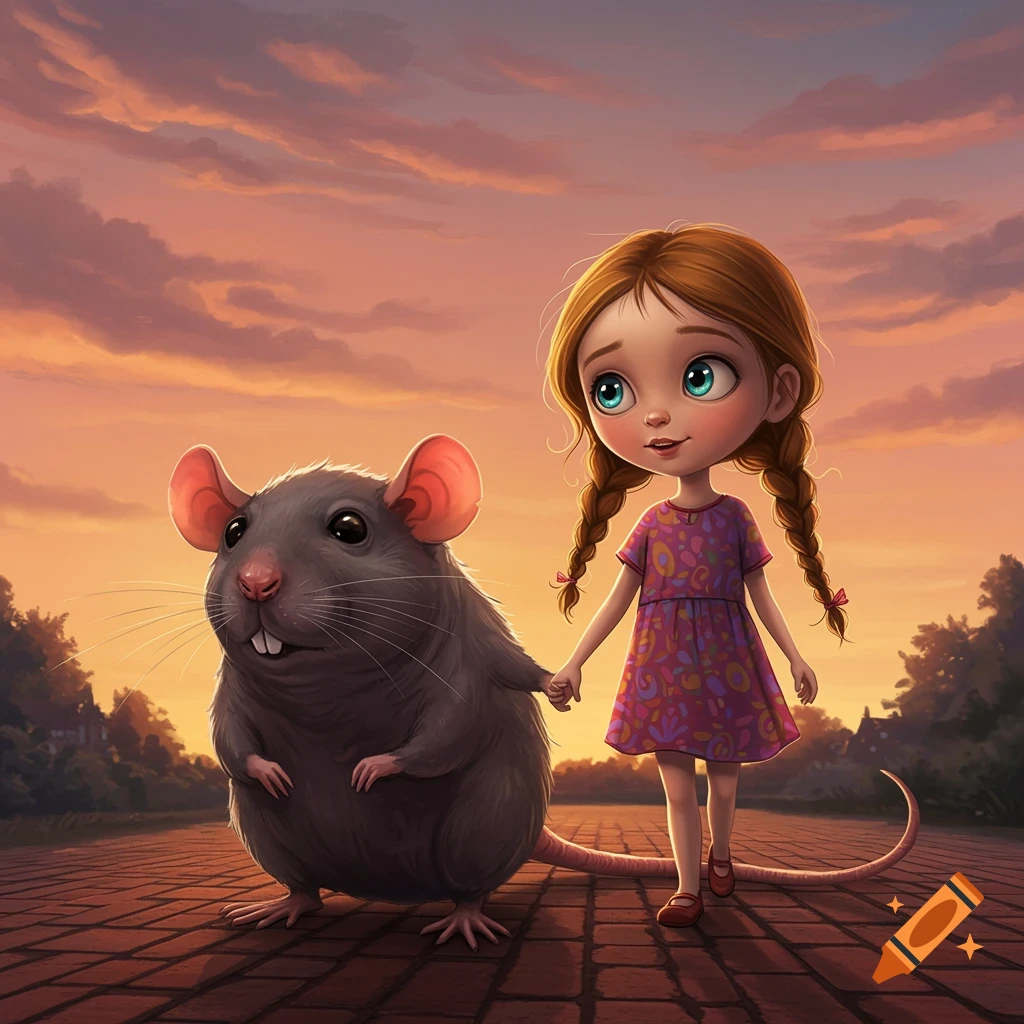 Young girl holding hands with a large rat on a brick path at sunset, fairytale style