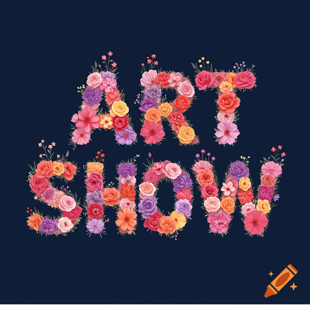 The text ART SHOW is formed by colorful flowers on a dark blue background.