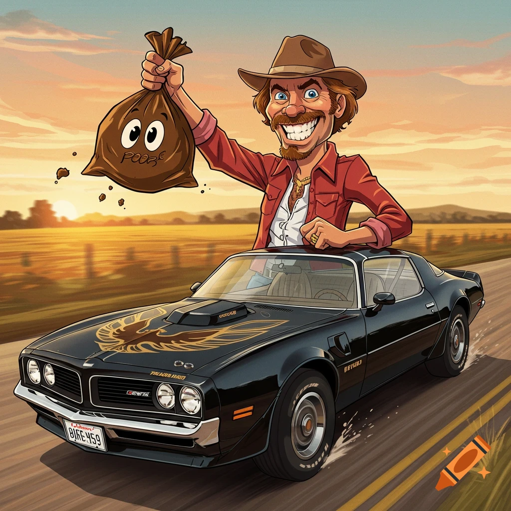 Cartoon man in a cowboy hat leans from a black car holding a bag of poop with a face.