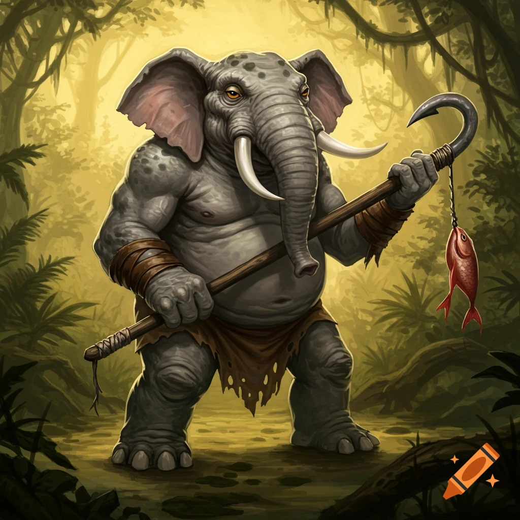 An elephant-frog hybrid creature holds a fishhook spear in a jungle.
