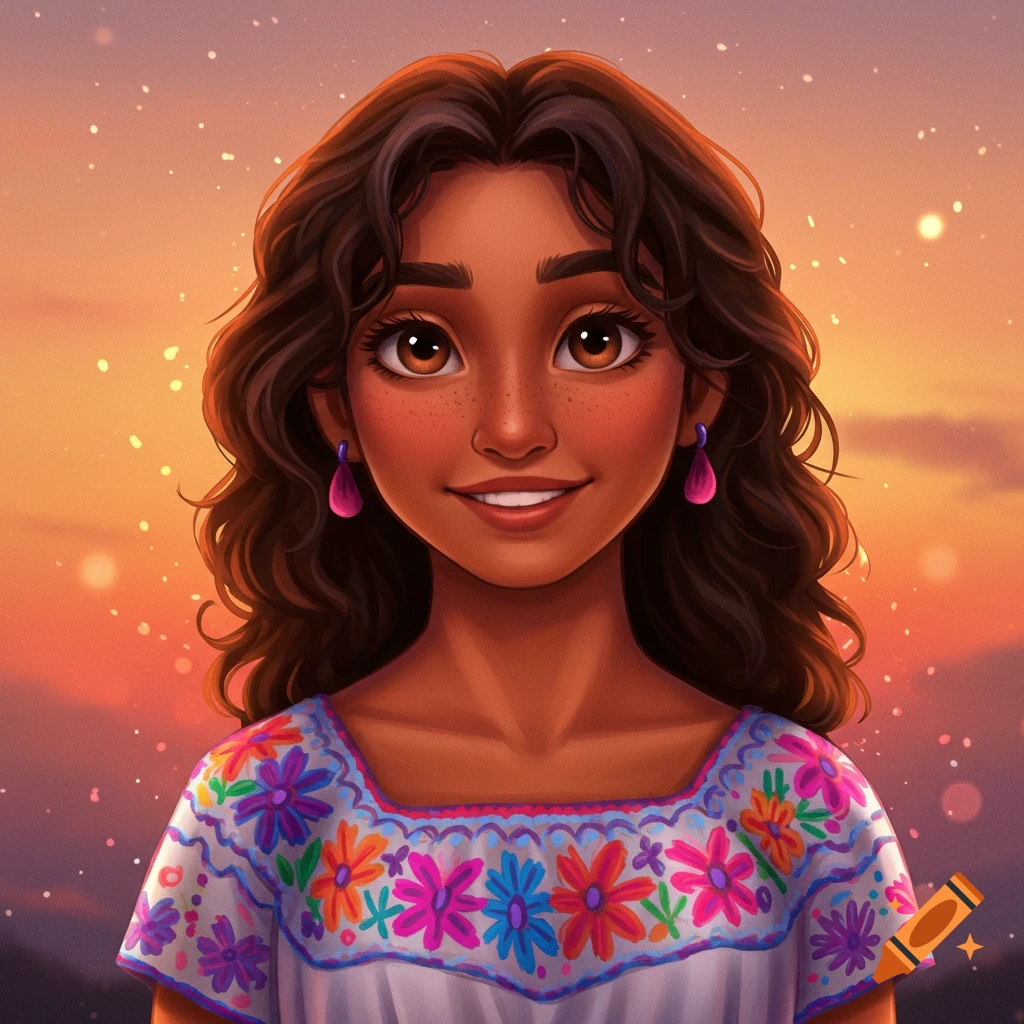 Portrait of a smiling Latina woman in a traditional embroidered dress against a sunset background.