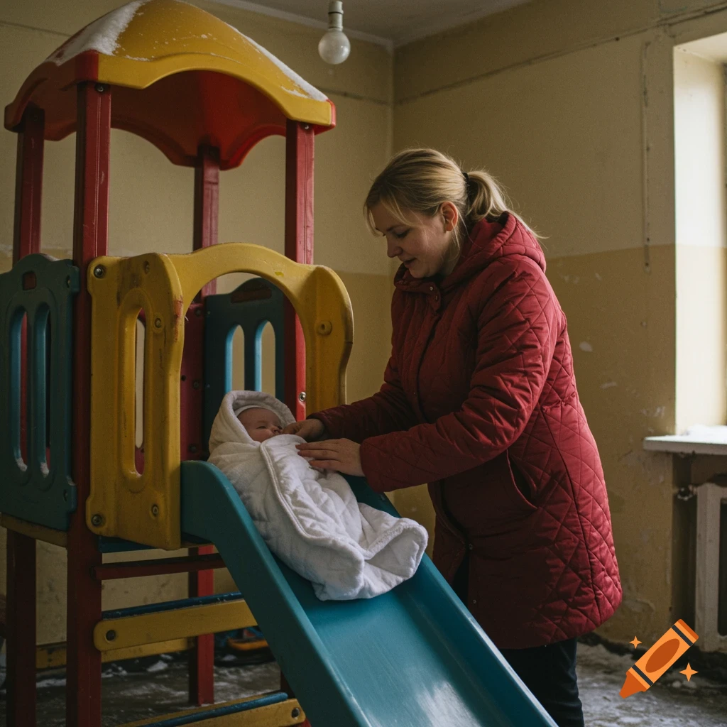 Woman puts swaddled baby on a playground slide indoors in winter