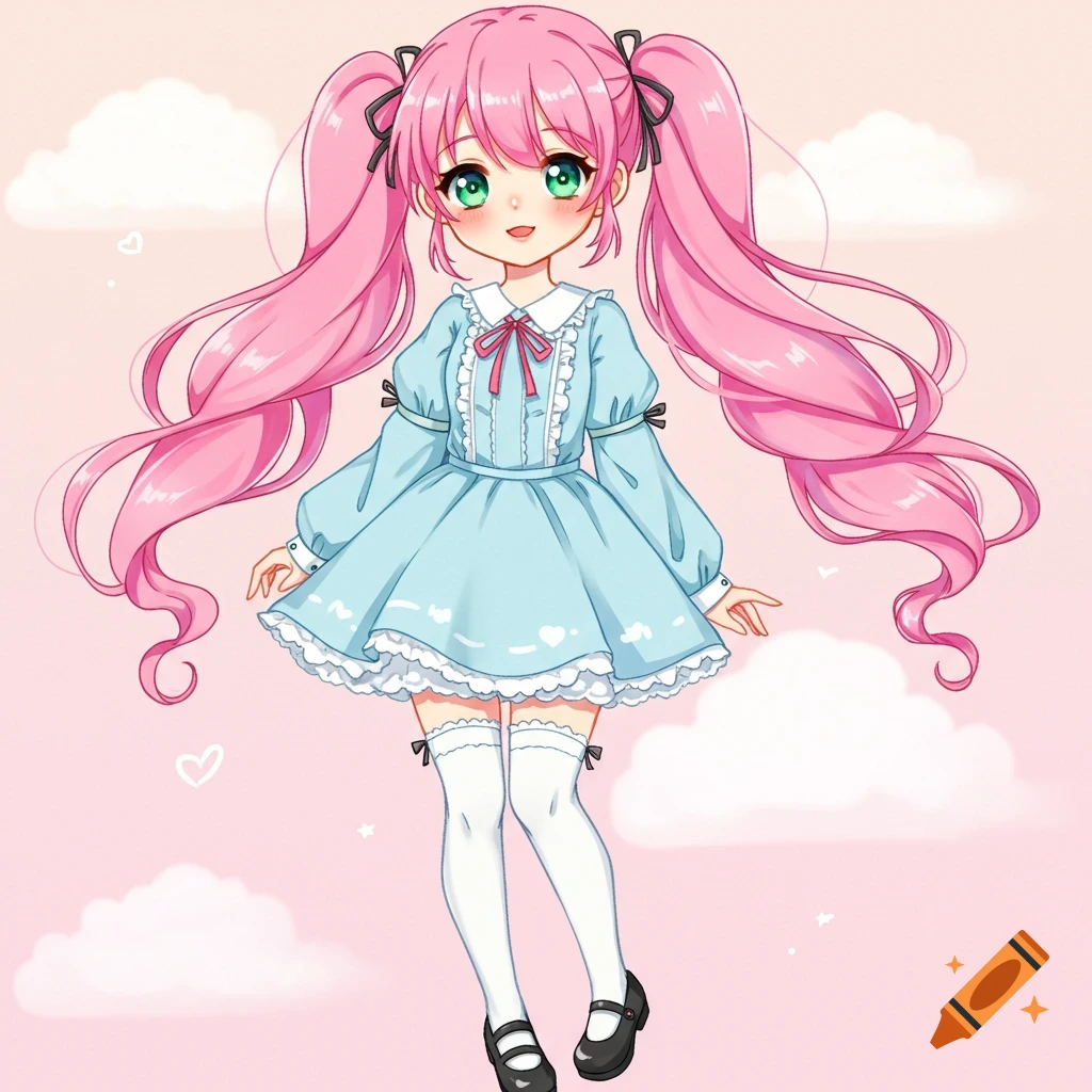 Cute anime girl with pink pigtails wearing a blue dress against a pink sky.