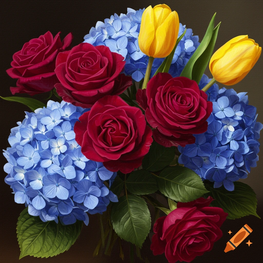 A bouquet with red roses, blue hydrangeas, and yellow tulips.
