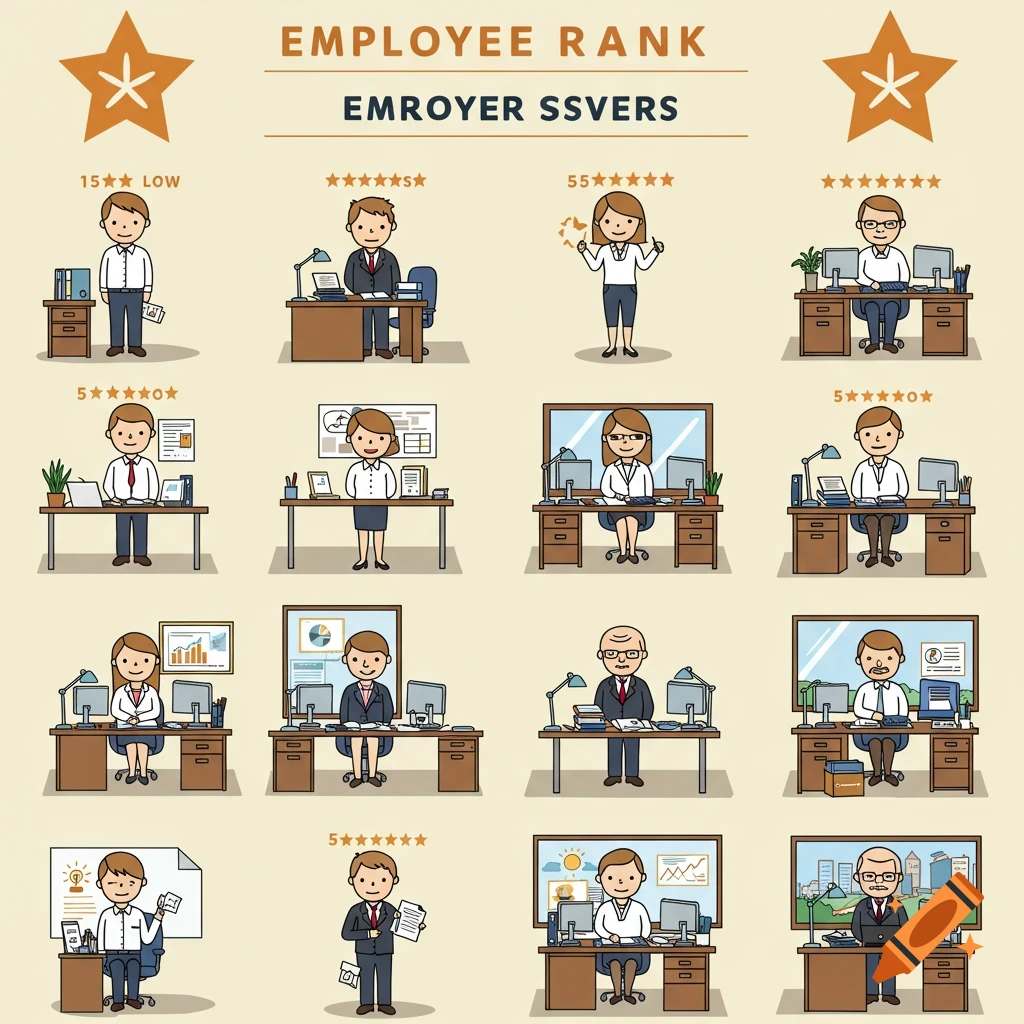 Illustrated grid showing employee ranks with star ratings next to figures at desks.