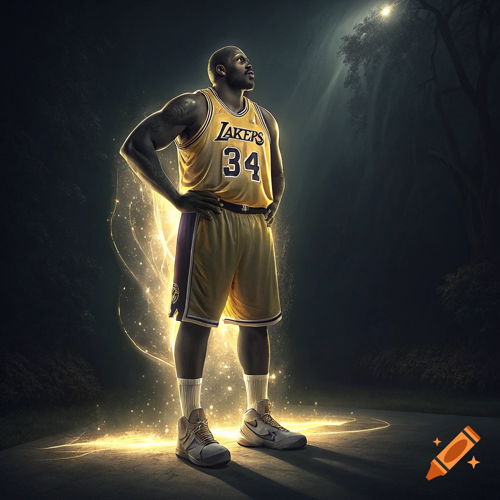 Shaquille O'Neal in a Lakers uniform standing with golden light around him in a dark setting.