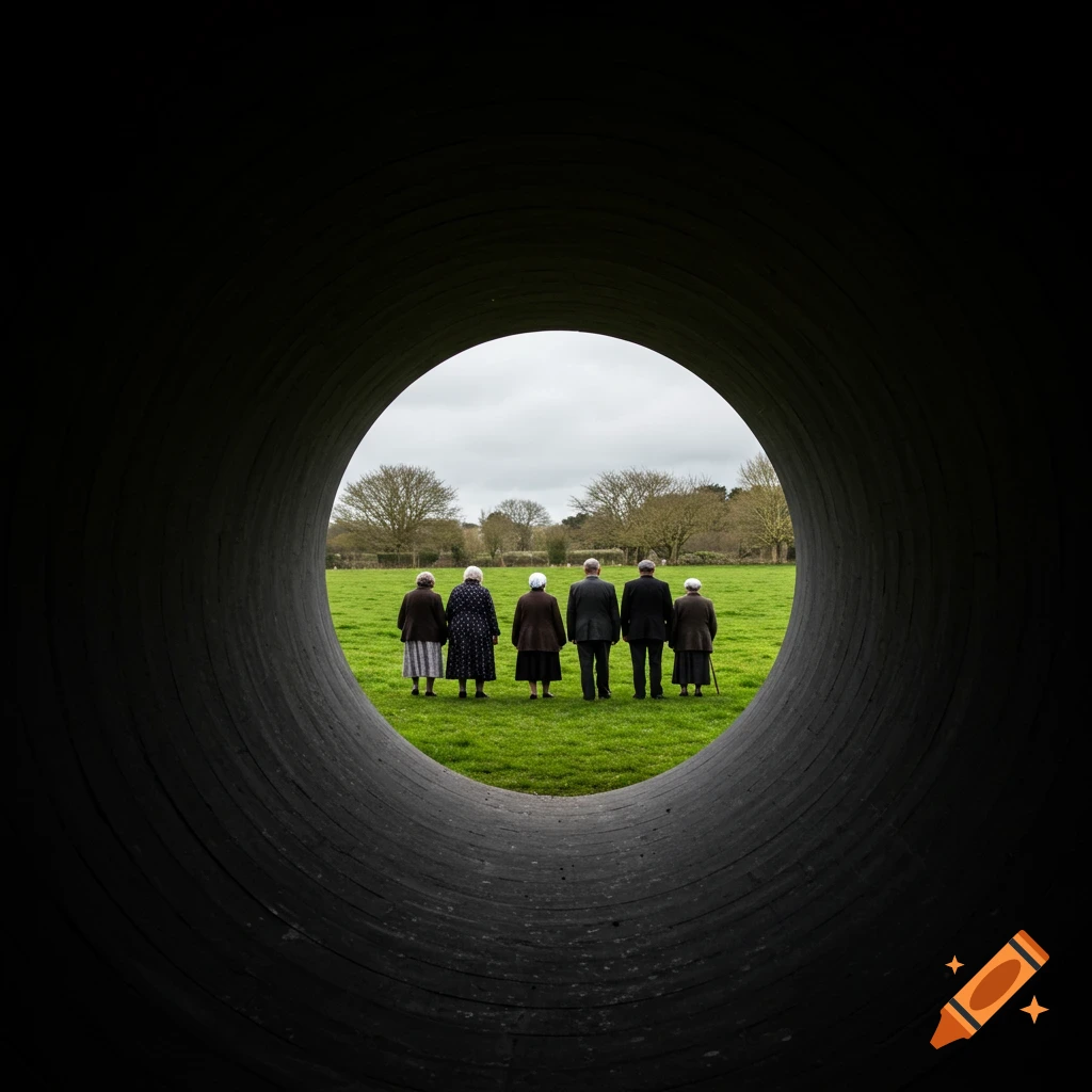 View through dark tunnel to green field where six people stand with backs to camera.