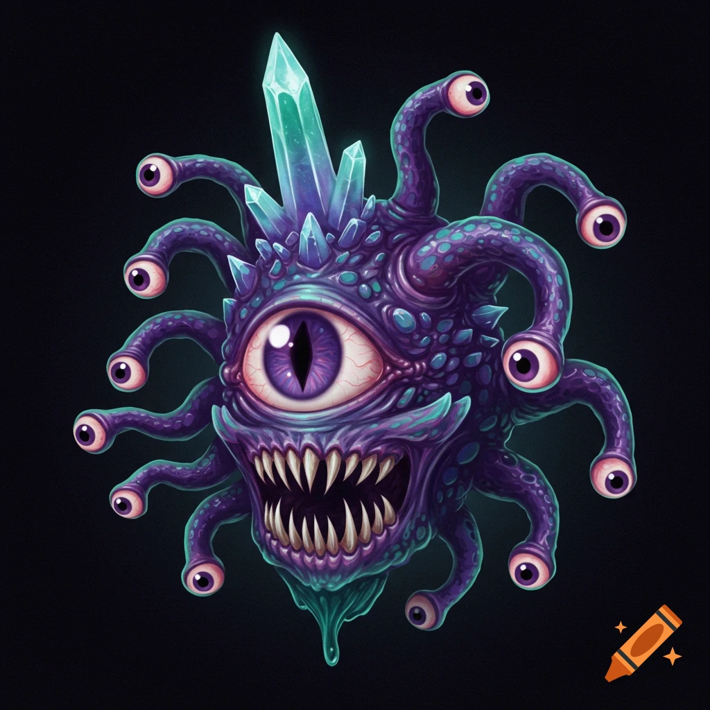 A purple monster with a large central eye, multiple eye stalks with eyes, sharp teeth, and crystals.