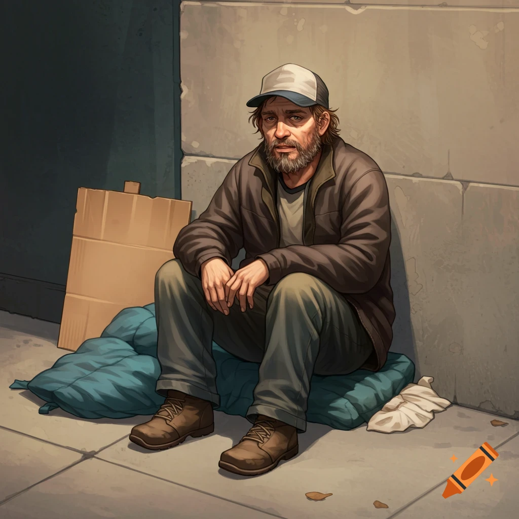 A man sits on a pillow beside a wall with a cardboard box.
