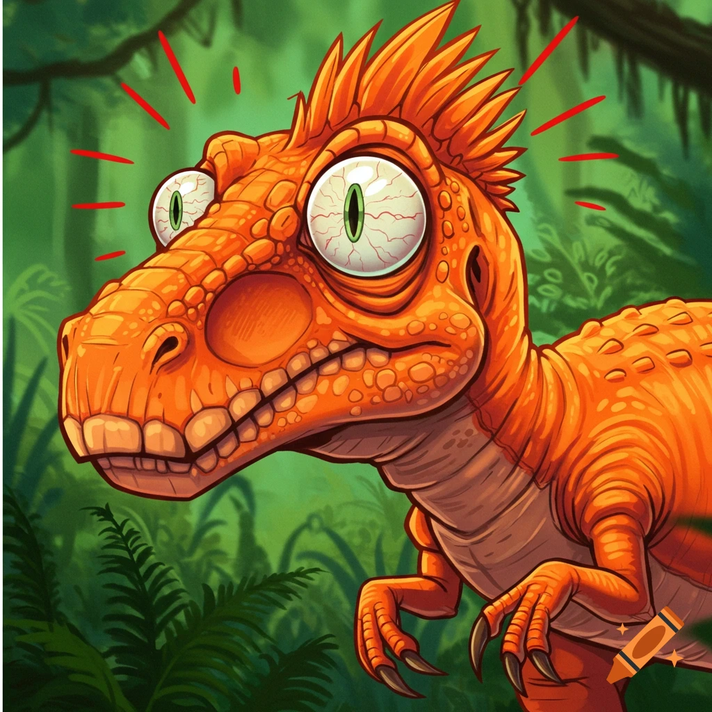 Cartoon illustration of a wide-eyed orange dinosaur in a jungle.